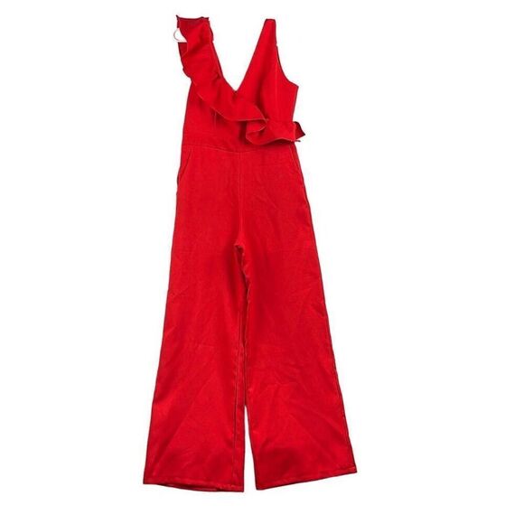 DO + BE Jumpsuit Womens M Red Christmas Paint Suit Romper Wide Leg Ruffles Sexy - Picture 1 of 13